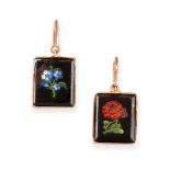 A PAIR OF ANTIQUE MICROMOSAIC EARRINGS in yellow gold, each set with a rectangular piece of black