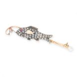 AN EDWARDIAN DIAMOND, RUBY AND PEARL FISHING BROOCH in yellow gold and silver, designed as a fish on