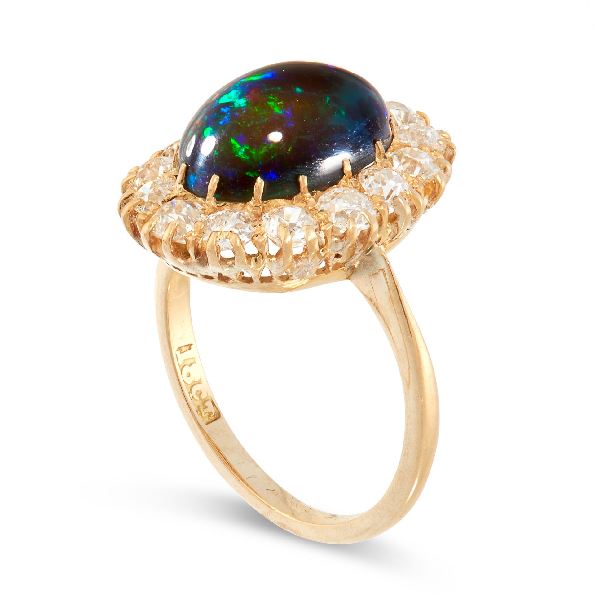 A BLACK OPAL AND DIAMOND CLUSTER RING in 18ct yellow gold, set with an oval cabochon black opal of - Image 2 of 2