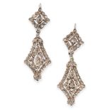 A PAIR OF ANTIQUE DIAMOND EARRINGS, CIRCA 1800 in silver, the tapering, articulated bodies set