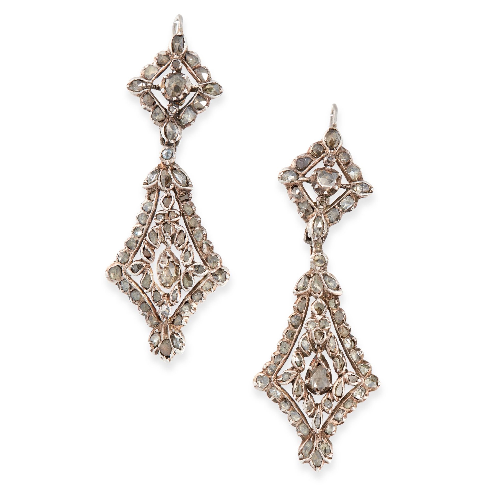 A PAIR OF ANTIQUE DIAMOND EARRINGS, CIRCA 1800 in silver, the tapering, articulated bodies set