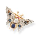 AN ANTIQUE DIAMOND, SAPPHIRE AND RUBY BUTTERFLY BROOCH in yellow gold and silver, set with rose