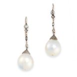 A PAIR OF PEARL AND DIAMOND EARRINGS the tapering bars are set with old and rose cut diamonds,