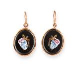 A PAIR OF ANTIQUE MICROMOSAIC EARRINGS in yellow gold, each set with an oval piece of black onyx,