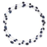 A SAPPHIRE SAUTOIR NECKLACE in silver, set with oval and pear cut sapphires, unmarked, 208.0cm,