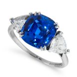 AN UNHEATED SAPPHIRE AND DIAMOND RING in platinum, set with a cushion cut sapphire of 4.43 carats