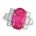 A BURMA NO HEAT RUBY AND DIAMOND RING set with a cushion cut ruby of 5.28 carats, flanked by step