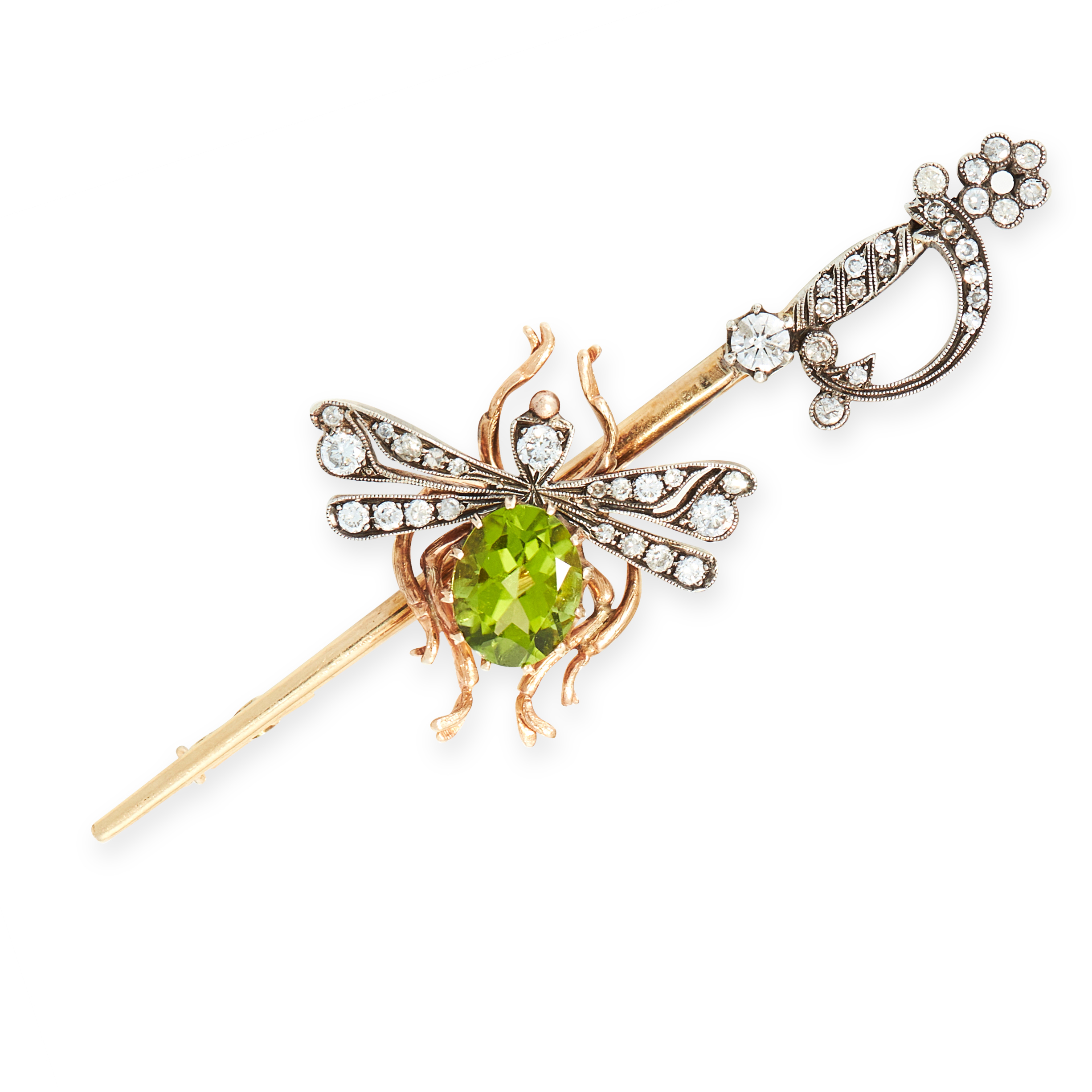 A PERIDOT AND DIAMOND INSECT BROOCH in yellow gold and silver, designed as a sword, the hilt set