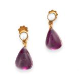 A PAIR OF ANTIQUE FOILED QUARTZ AND PEARL EARRINGS in 9ct yellow gold, each set with a pear shaped