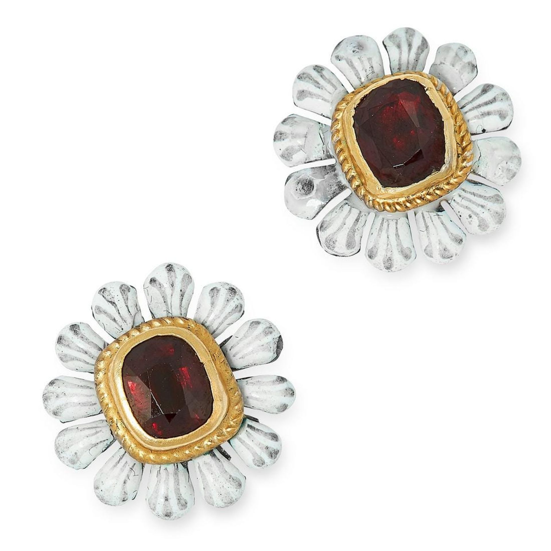 A PAIR OF ANTIQUE GARNET AND ENAMEL STUD EARRINGS each set with a cushion cut garnet within a border