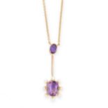 AN ANTIQUE AMETHYST AND PEARL PENDANT NECKLACE in yellow gold, set with a cushion cut and oval cut