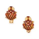 A PAIR OF ENAMEL FROG EARRINGS, BOUCHERON in 18ct yellow gold, with applied brown enamel, signed