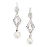 A PAIR OF PEARL AND DIAMOND EARRINGS, the geometric bodies set with old and single cut diamonds,