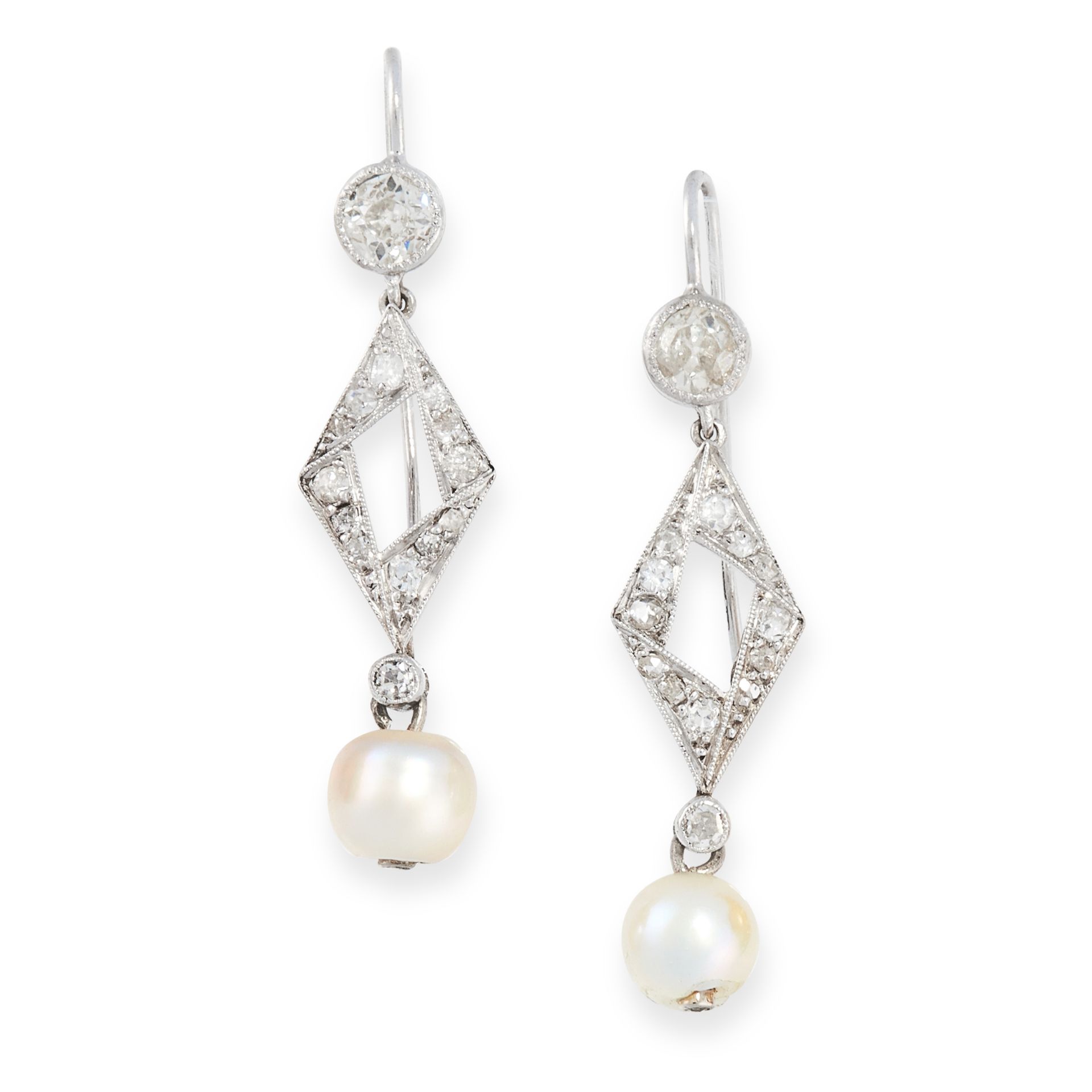 A PAIR OF PEARL AND DIAMOND EARRINGS, the geometric bodies set with old and single cut diamonds,