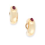A PAIR OF RUBY HOOP EARRINGS, CHAUMET in 18ct yellow gold, designed as half hoops each set with a