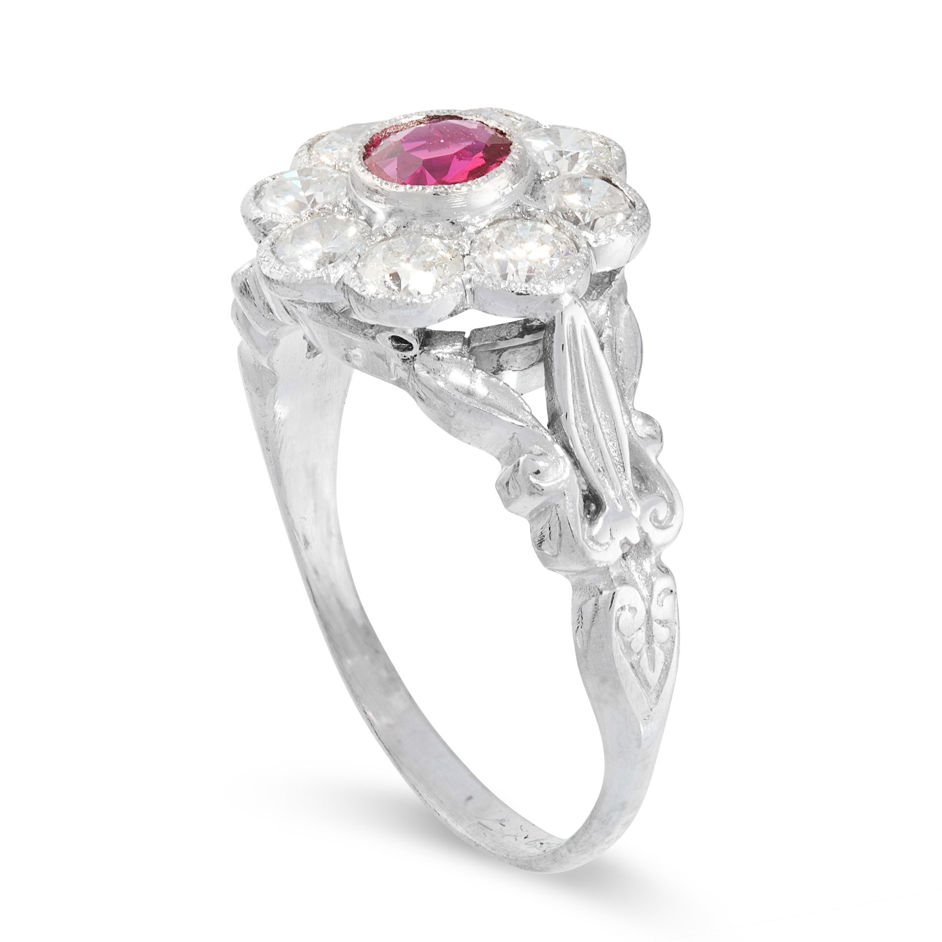 A VINTAGE RUBY AND DIAMOND CLUSTER RING in 18ct white gold, set with a round cut ruby within a - Image 2 of 2