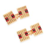 A PAIR OF ENAMEL CUFFLINKS in 18ct yellow gold, the ridged rectangular links are set with red and