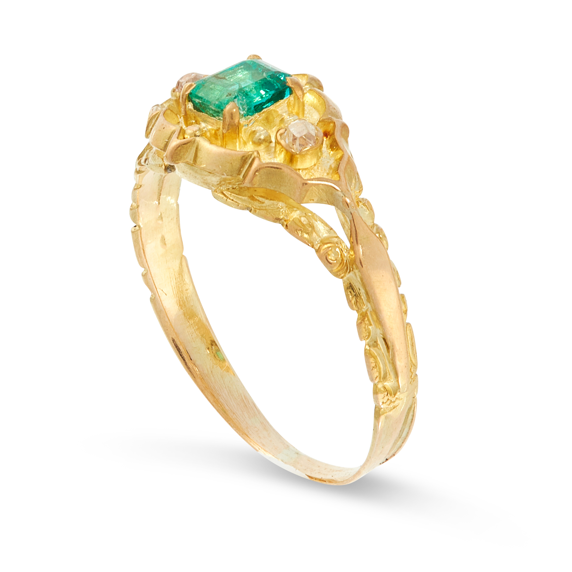 AN ANTIQUE EMERALD AND DIAMOND RING in high carat yellow gold, set with an emerald cut emerald - Image 2 of 2