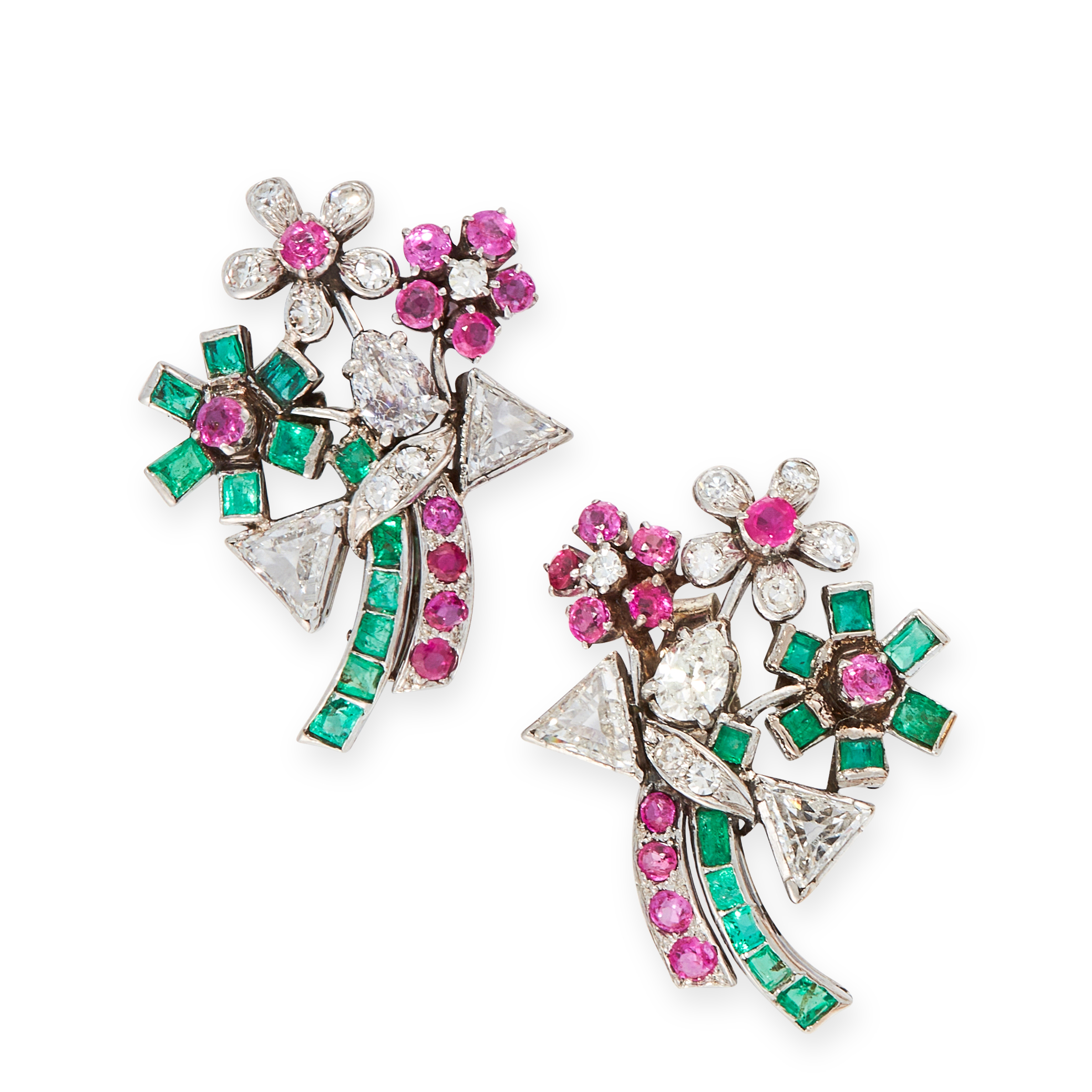 A PAIR OF DIAMOND, EMERALD AND RUBY EARRINGS designed as bouquets of flowers, set with round, pear