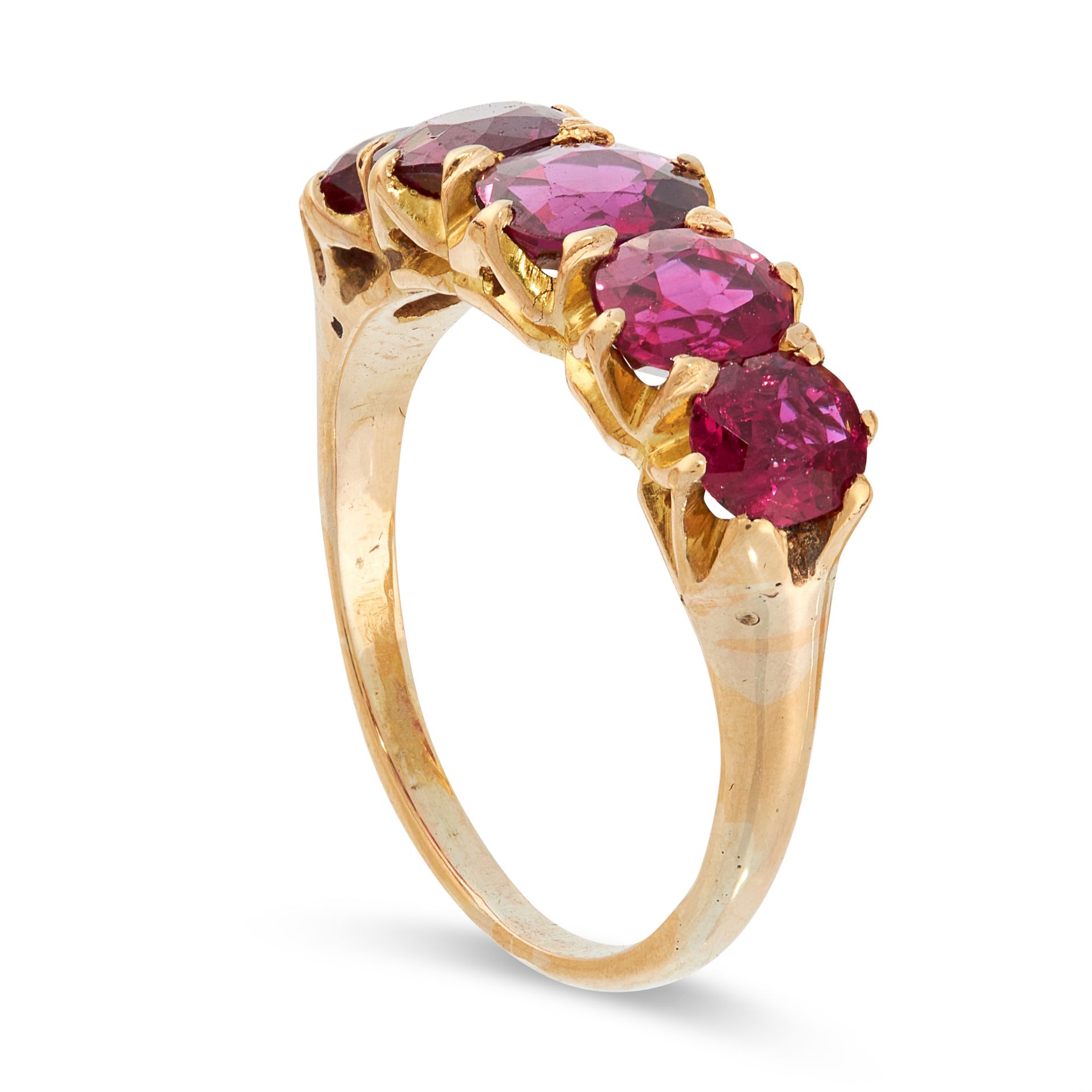 AN UNHEATED RUBY DRESS RING, CIRCA 1900 in 18ct yellow gold, set with five graduated cushion cut - Image 2 of 2