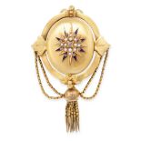 AN ANTIQUE PEARL, DIAMOND AND ENAMEL MOURNING LOCKET BROOCH in 18ct yellow gold, in oval design, set