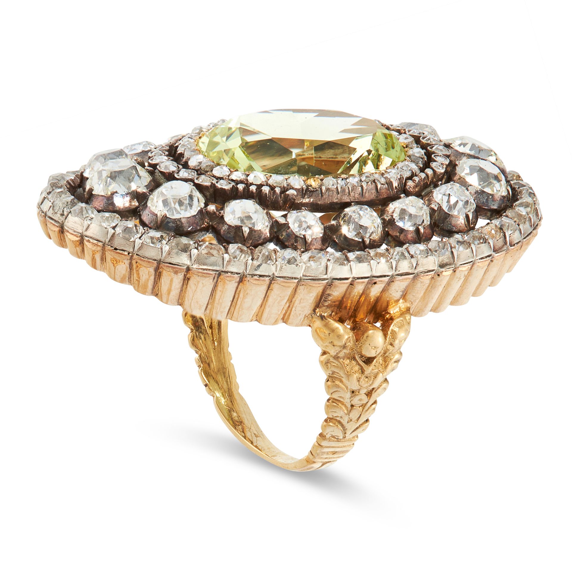 AN ANTIQUE CHRYSOBERYL AND DIAMOND COCKTAIL RING in yellow gold and silver, set with an oval cut - Image 2 of 2
