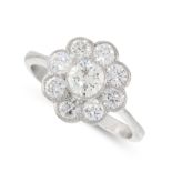 A DIAMOND CLUSTER RING set with a central round cut diamond of 0.44 carats, within a border of