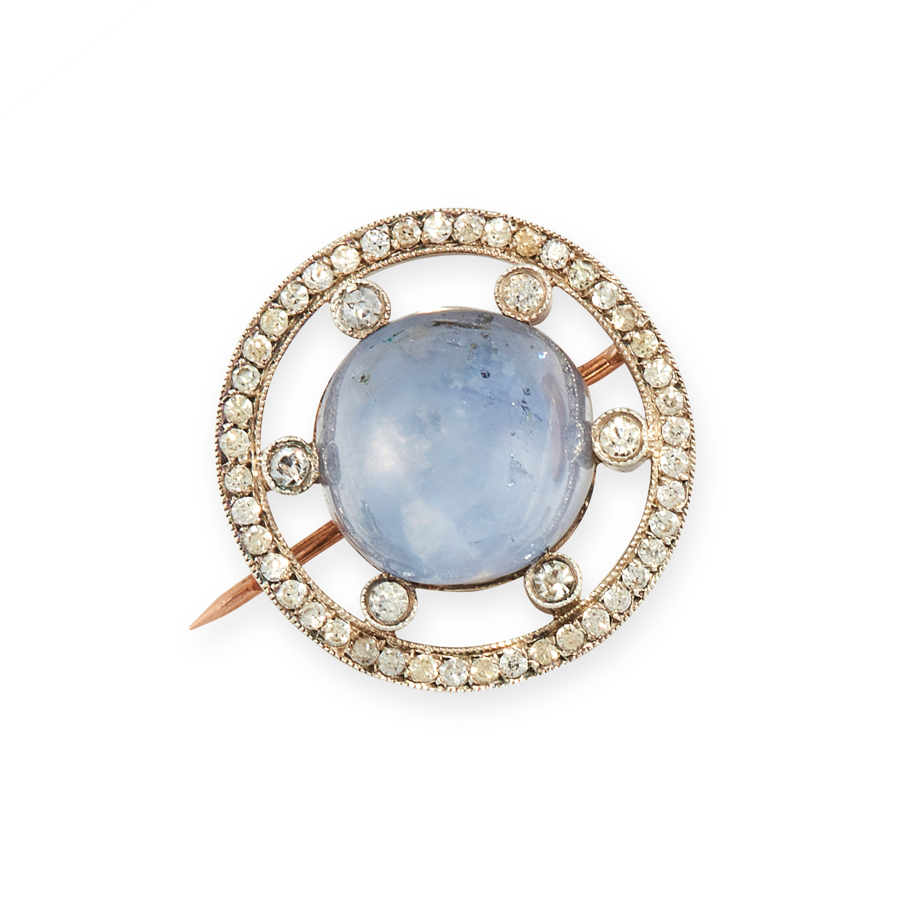 A STAR SAPPHIRE AND DIAMOND BROOCH in circular design, set with a central star sapphire of 20.35