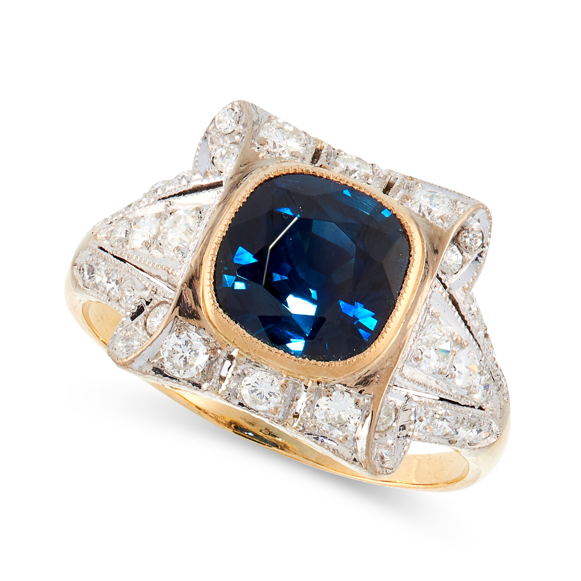 A SAPPHIRE AND DIAMOND DRESS RING, CIRCA 1950 set with a cushion cut blue sapphire of 1.96 carats,