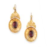 A PAIR OF ANTIQUE GARNET EARRINGS, 19TH CENTURY in yellow gold, each set with an oval cabochon