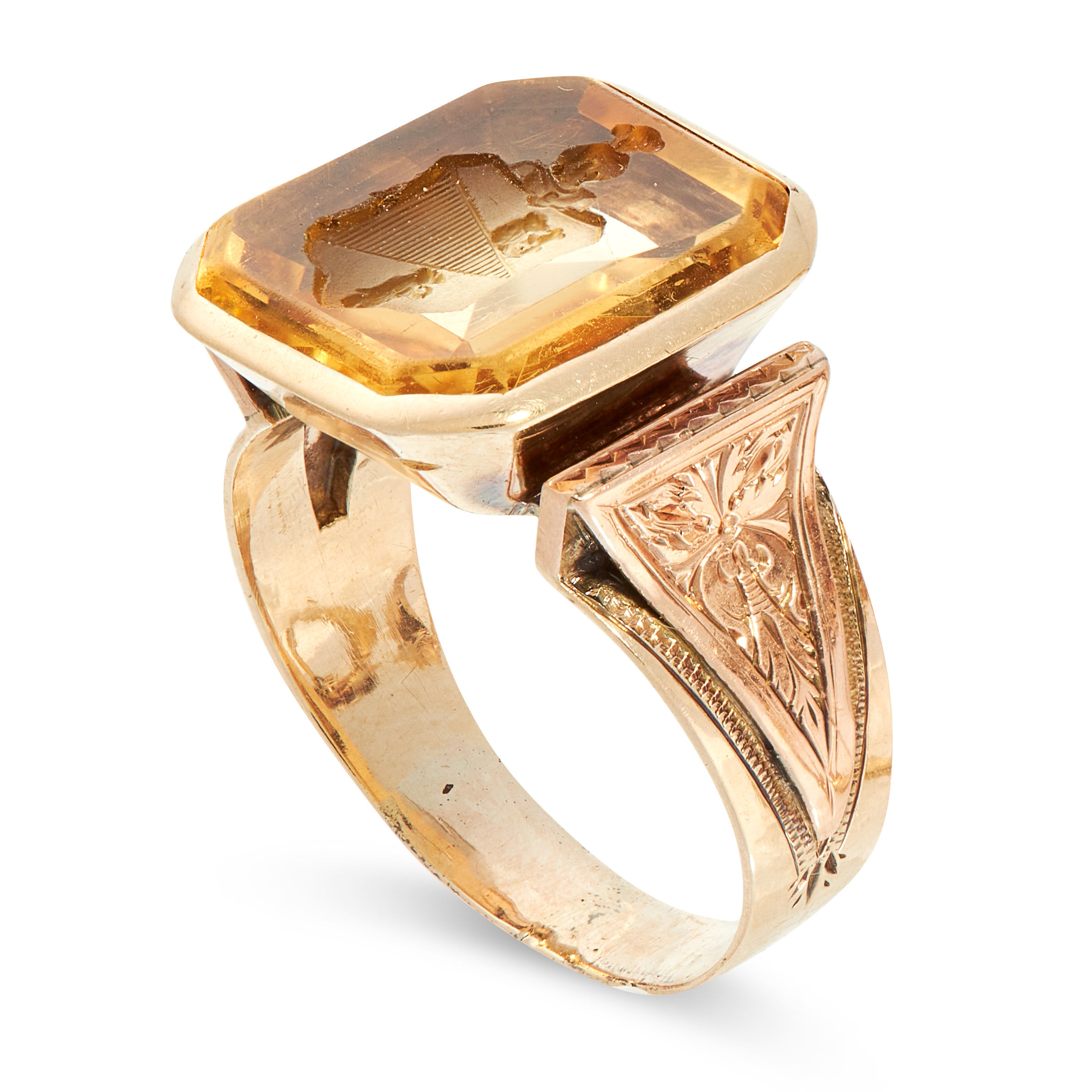 AN ANTIQUE CITRINE INTAGLIO SEAL RING in yellow gold, set with an emerald cut citrine, the face - Image 2 of 2