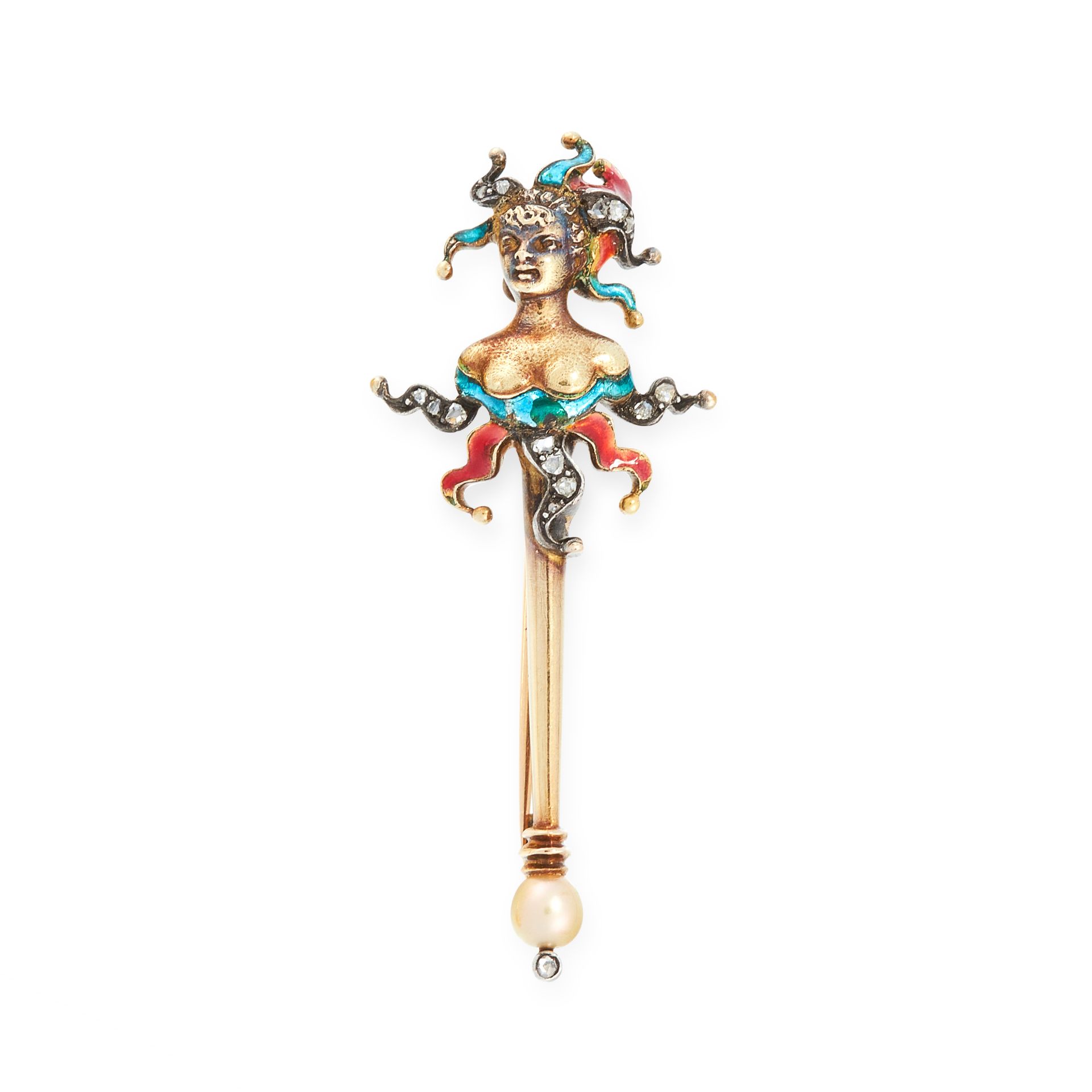 AN ANTIQUE DIAMOND, ENAMEL AND PEARL MAROTTE BROOCH in 18ct yellow gold, the marotte's head jewelled