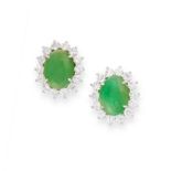 A PAIR OF JADEITE JADE AND DIAMOND STUD EARRINGS in 18ct white gold, each set with an oval