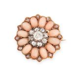 AN ANTIQUE DIAMOND AND CORAL BROOCH, 19TH CENTURY in 18ct yellow gold, set with a central cluster of