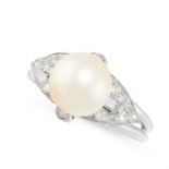 A PEARL AND DIAMOND RING in platinum, set with a pearl of 8.11mm and round and baguette cut