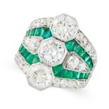 A DIAMOND AND EMERALD DRESS RING, CIRCA 1940 set with three principal old cut diamonds of 0.99, 0.95