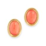 A PAIR OF CORAL CLIP EARRINGS in 18ct yellow gold, each set with an oval coral cabochon within a