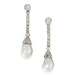 A PAIR OF ANTIQUE NATURAL PEARL AND DIAMOND EARRINGS each set with a row of round cut diamonds,