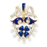 AN ANTIQUE PEARL, DIAMOND AND ENAMEL PENDANT in high carat yellow gold, designed to depict a