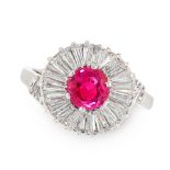 A BURMA NO HEAT RUBY AND DIAMOND DRESS RING in 18ct white gold, set with a round cut ruby of 1.20