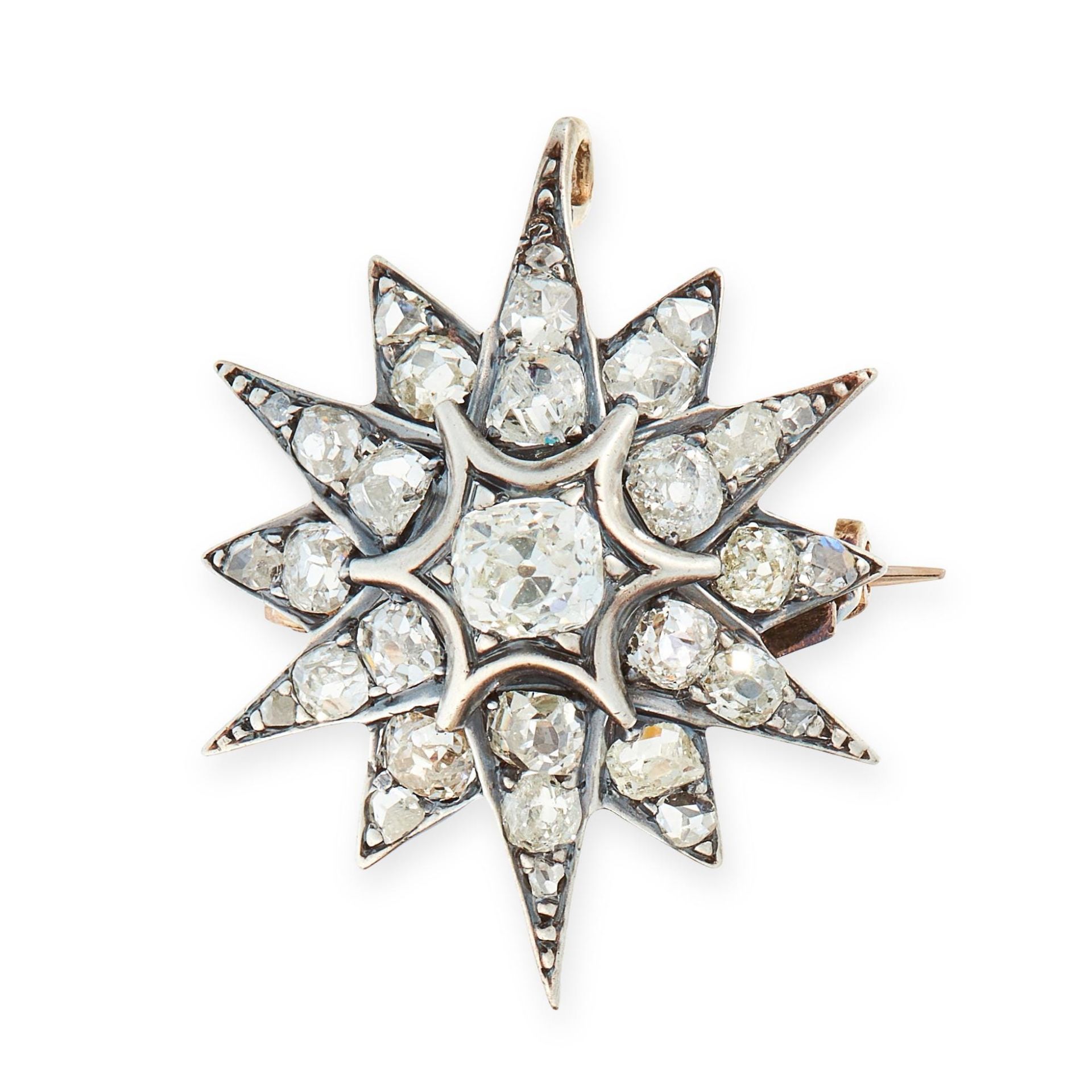 AN ANTIQUE DIAMOND STAR BROOCH / PENDANT, 19TH CENTURY in yellow gold and silver, designed as a star