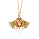 AN ART NOUVEAU DIAMOND, ENAMEL AND PEARL PENDANT AND CHAIN in 14ct yellow gold, set with a diamond