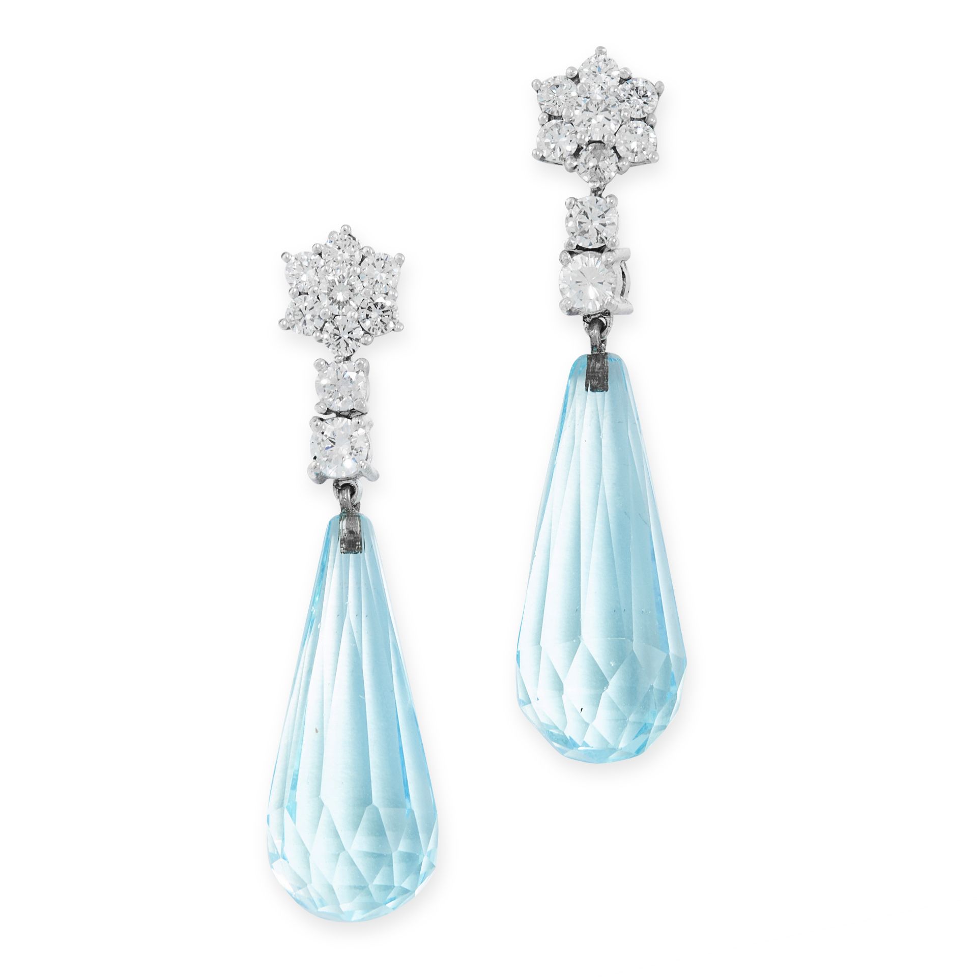 A PAIR OF AQUAMARINE AND DIAMOND EARRINGS in 18ct white gold, each set with a tapering briolette cut