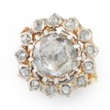 AN ANTIQUE DIAMOND CLUSTER RING, 19TH CENTURY in yellow gold and silver, set with a central rose cut