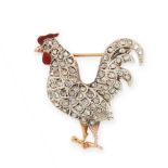 AN ANTIQUE DIAMOND AND ENAMEL COCKEREL BROOCH in yellow gold and silver, set with rose cut