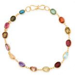 A MULTICOLOURED GEMSTONE BRACELET in 14ct yellow gold, set with oval cut fancy coloured sapphires,