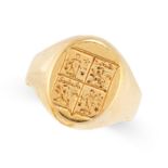 A VINTAGE SEAL / SIGNET RING in 18ct yellow gold, the face engraved to depict a coat of arms,