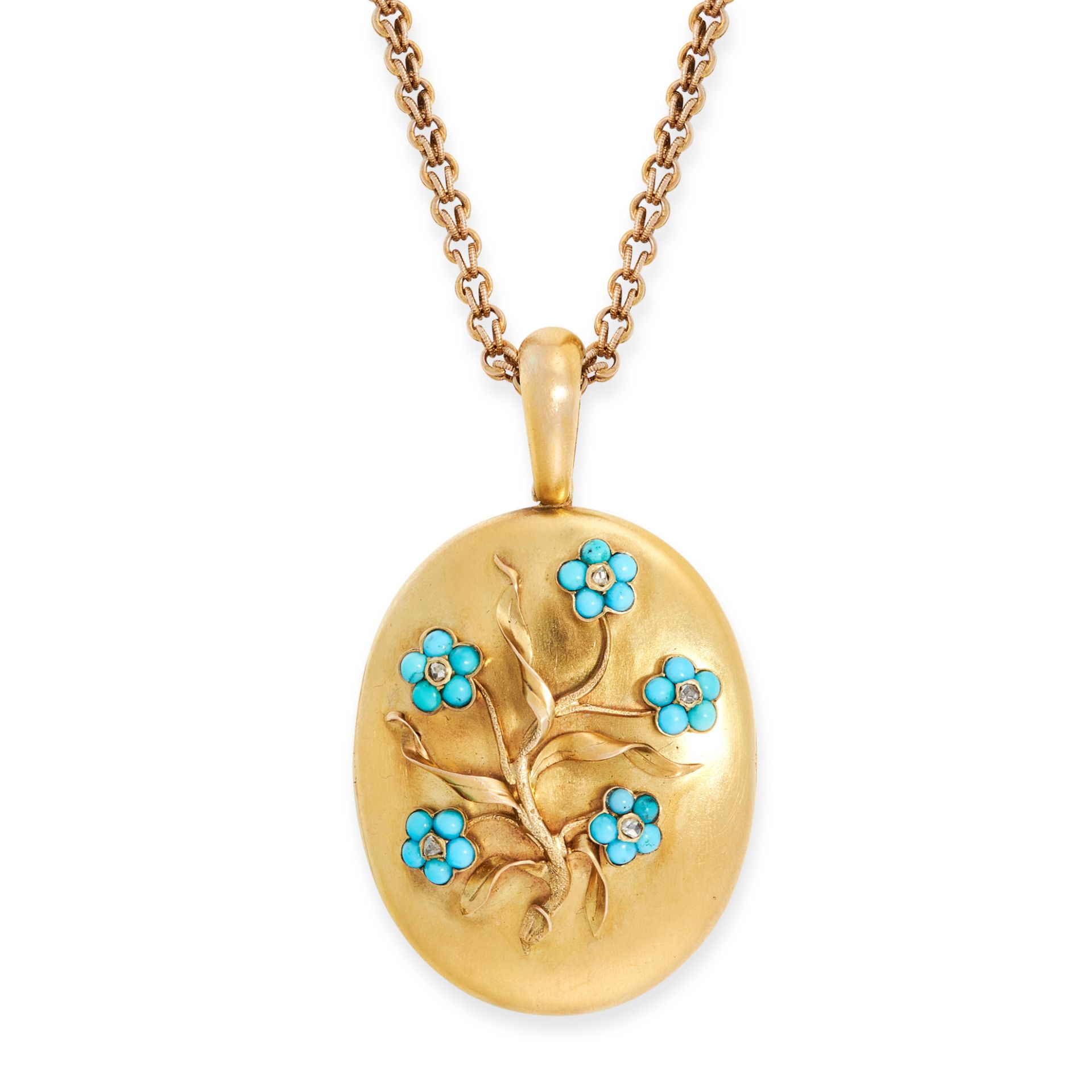 AN ANTIQUE TURQUOISE AND DIAMOND FORGET ME NOT MOURNING LOCKET PENDANT AND CHAIN in yellow gold, the