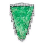 AN ART DECO NATURAL JADEITE JADE AND DIAMOND CLIP BROOCH, EARLY 20TH CENTURY the body set with a