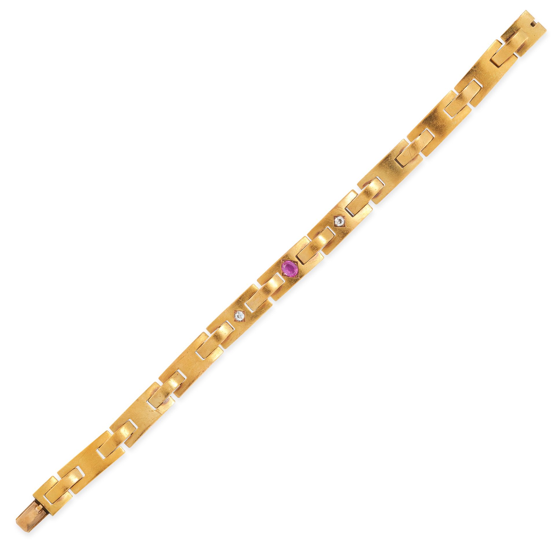 A VINTAGE RUBY AND DIAMOND BRACELET in 14ct yellow gold, formed of rectangular links, set with a